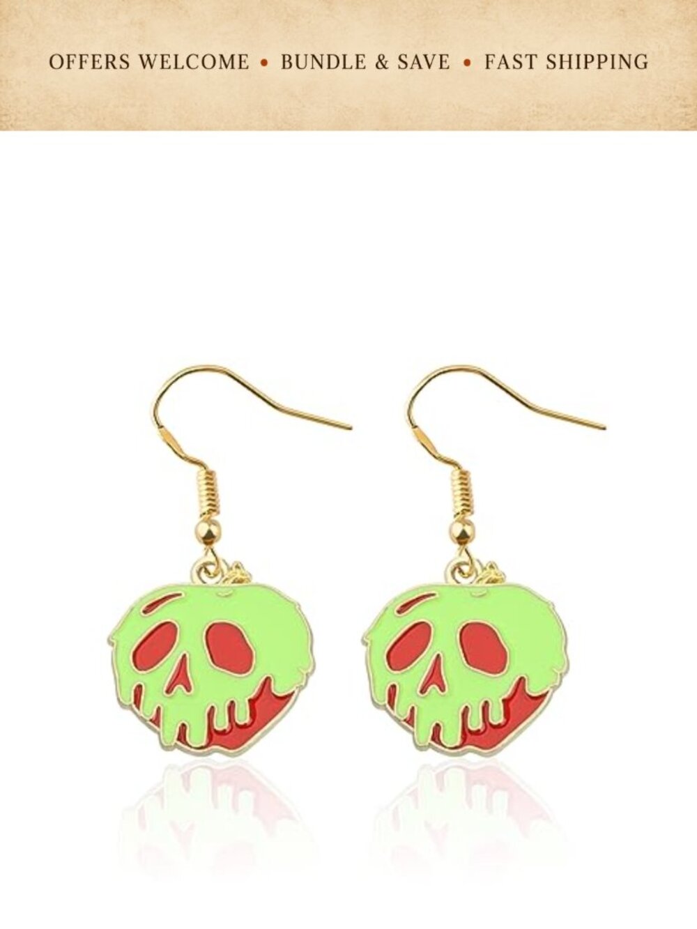 Poison Apple Skull Face Enamel Halloween Dangle Earrings